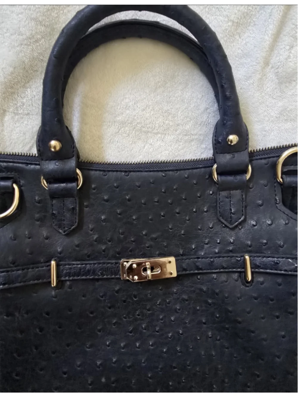 Genuine Leather Ostrich Embossed Birkin Style Top Handle Satchel Black-Navy Gold